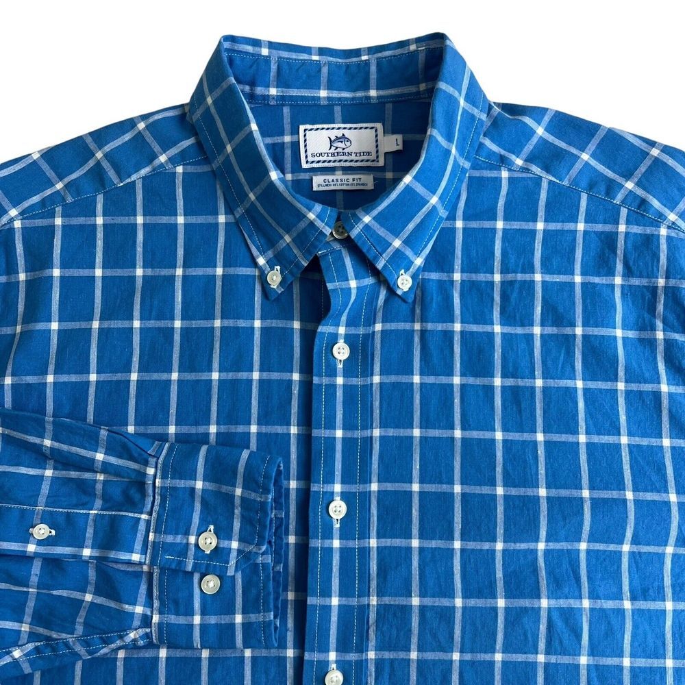 Southern Tide Mens Large Blue Plaid Linen Blend Long Sleeve Button Down Shirt
